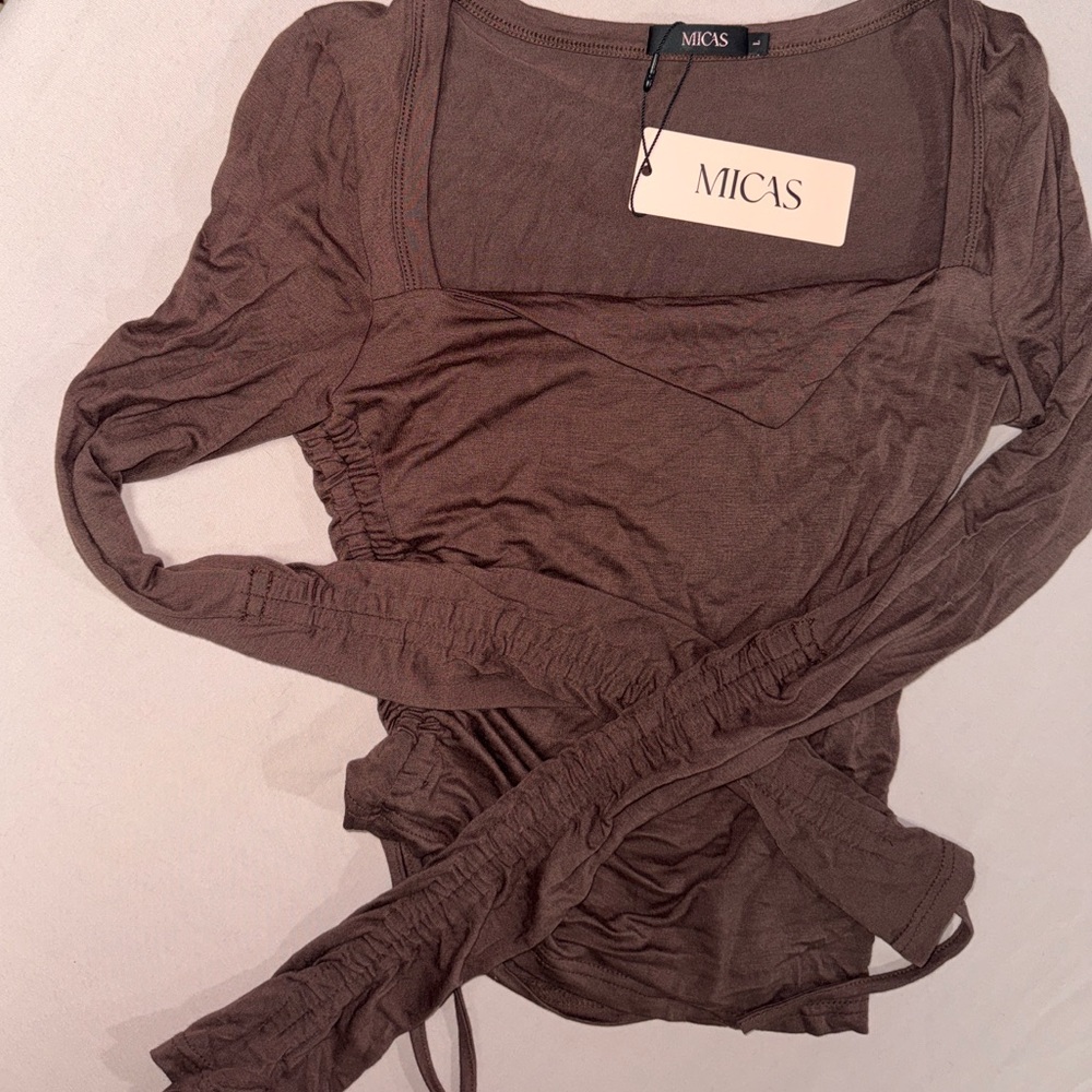 MICAS Square Neck Drawstring Ruched Long Sleeve Top - Picture 2 of 3